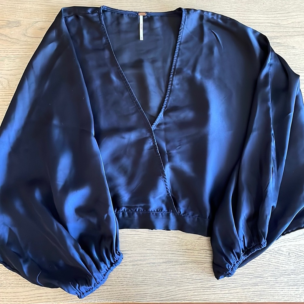 Free People long sleeve navy blue satin blouse